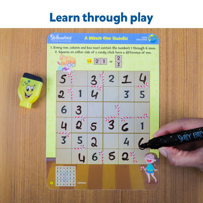 Minus One Sudoku game board with numbers and candy stick markings for learning through play
