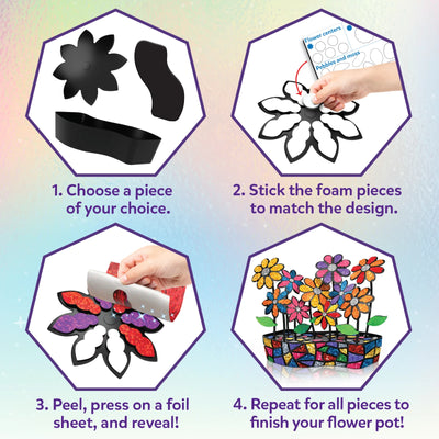 Skillmatics Foil Fun Mosaics step-by-step craft instructions showing four stages: choosing flower pieces, sticking foam pieces to match designs, pressing foil sheets to reveal glitter effects, and repeating the process to complete a colourful flower pot with decorated flowers, leaves, and mosaic patterns.