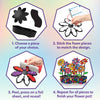 Skillmatics Foil Fun Mosaics step-by-step craft instructions showing four stages: choosing flower pieces, sticking foam pieces to match designs, pressing foil sheets to reveal glitter effects, and repeating the process to complete a colourful flower pot with decorated flowers, leaves, and mosaic patterns.