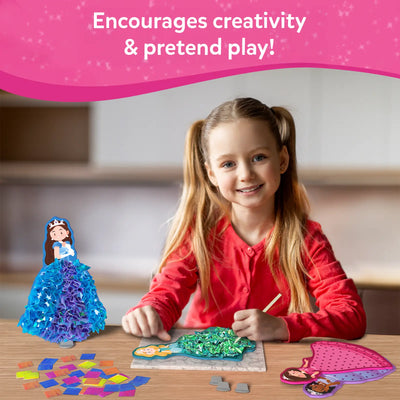 Young girl creating with Poke-in Art Magical Princesses craft kit for kids ages 4-9