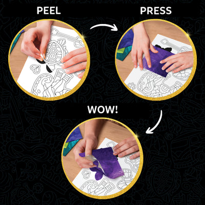 Children’s foil art kit showing a three-step creative process for ages 7 and up
