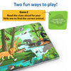 A jungle-themed play mat is displayed with a green clue card containing simple text clues about an animal’s appearance. A yellow instruction box reads “Game 2: Read the clues aloud for your little one to find the correct animal.” The mat shows forest animals such as an elephant, tiger, giraffe, crocodile, birds, and lush greenery with a flowing river.