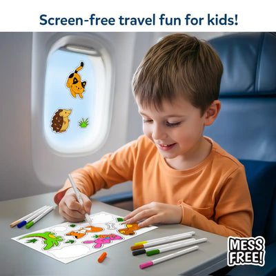 A child sits at an airplane tray table enjoying screen-free play with Color Clingz. The child colors animal stickers using paint markers, while finished stickers are seen clinging to the airplane window. Text at the top reads “Screen-free travel fun for kids,” and a “Mess Free” badge appears in the corner, highlighting quiet, portable, no-glue creativity during travel.