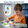 A child sits at an airplane tray table enjoying screen-free play with Color Clingz. The child colors animal stickers using paint markers, while finished stickers are seen clinging to the airplane window. Text at the top reads “Screen-free travel fun for kids,” and a “Mess Free” badge appears in the corner, highlighting quiet, portable, no-glue creativity during travel.