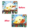 Colorful animated Lion King scene showing before and after sticker art for Dot it Disney Edition
