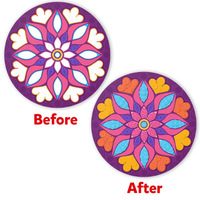 Decorative Mandala Craft Kit with before and after colorful textured sticker art