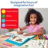 A smiling girl in a pink top writes in the Skillmatics Toy Story My Story Art Kit story pad at a wooden table. Sticker sheets and colorful markers are spread around. A red skills box on the left lists: Creative Thinking, Writing, Process Planning, and Critical Thinking. Header reads 