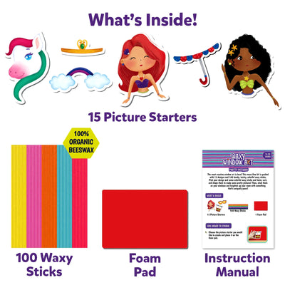 Creative Waxy Window Art kit with picture starters, waxy sticks, foam pad, and manual