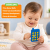 Baby-friendly blue and yellow Pop-It toy shaped like a mobile phone for sensory development