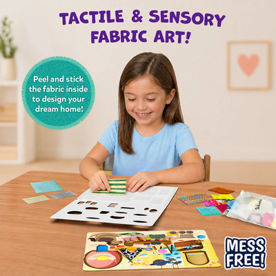 Young child seated at a table creating tactile fabric art with the Skillmatics Fab Tabs kit. Fabric pieces, picture boards, and activity materials are spread across the workspace as the child places textured fabric onto a design board, demonstrating the mess-free sensory craft experience.