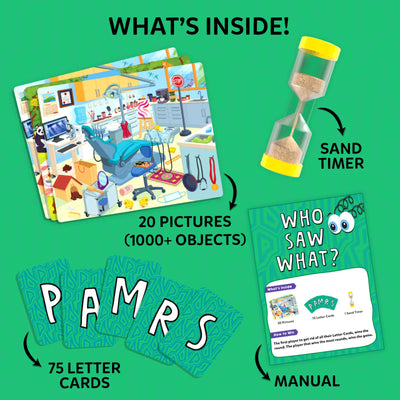 An illustrated contents layout titled “What’s Inside” on a green background. The image shows a stack of colorful picture cards labeled “20 Pictures (1000+ Objects),” a yellow sand timer labeled “Sand Timer,” a fan of green patterned letter cards labeled “75 Letter Cards,” and a printed instruction manual labeled “Manual.” Arrows connect each item to its label for clarity. A small image of the game box appears on the side, reinforcing what is included in the set.