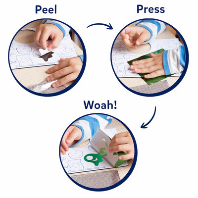 Step-by-step visual guide for peeling, pressing foil, and revealing colorful space design in Foil Fun Art Kit