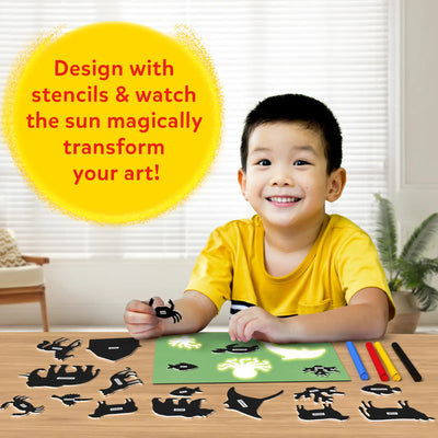 Child’s art kit with stencils and sunlight creating magical animal sun art on Sun Paper
