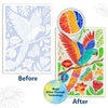 Split-screen showing before-and-after parrot illustration. Left panel shows monochrome line drawing of a parrot among tropical leaves labeled 'Before'. Right panel shows the same scene fully colored and a circular zoom highlighting wing texture plus a 'Magic Shine-Through Technology' badge.