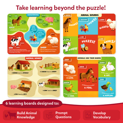 Four colorful double-sided Skillmatics learning boards featuring farm animal characteristics, sounds, homes and babies. The educational activities help children build animal knowledge, answer prompt questions and develop vocabulary through engaging illustrations of familiar farm animals.