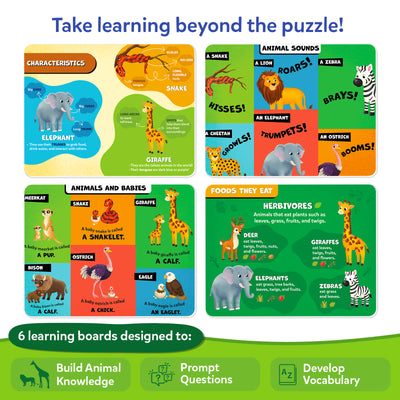 Four educational Skillmatics learning boards featuring wild animal characteristics, animal sounds, animal babies and foods they eat. The boards help children build animal knowledge, answer prompt questions and develop vocabulary through colorful illustrations and simple facts.