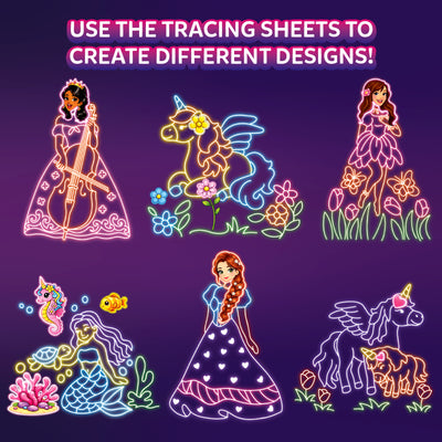 Skillmatics Light-Up Sketcher design examples on a purple background show six glowing creations: a cello-playing princess, winged unicorn with flowers, princess among flowers, mermaid with sea life, heart-patterned princess, and unicorn with a foal. Headline promotes creating different designs.