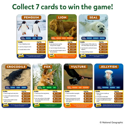 Visual showing the rule “Collect 7 cards to win the game!” with multiple animal cards displayed in rows. Cards include penguin, lion, seal, crocodile, fox, vulture, and jellyfish, each featuring a real animal photo, buzzwords, clues, facts, and a fun fact section. The layout explains progression-based gameplay using National Geographic imagery.