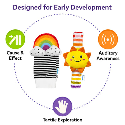 Skillmatics Wriggle & Wonder high-contrast socks and wristbands shown with early-development benefits: cause and effect, auditory awareness and tactile exploration. A rainbow sock and sun wristband are centered within a dotted circle with supporting icons.