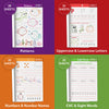 Four sample workbook pages from Skillmatics The Handwriting Practice Kit are displayed in a grid. The pages include Level 1 patterns with tracing fish shapes, Level 2 letter formation practice, Level 3 number tracing and counting activities, and Level 4 sight word writing. Sheet counts and colorful layouts highlight structured handwriting and early literacy practice.