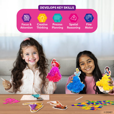 Smiling children showing off their completed Disney princesses artwork as they develop key skills