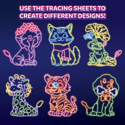 Six glowing animal artwork examples demonstrate designs made with the Skillmatics Light-Up Sketcher: an elephant with a flower crown, scarf-wearing cat, frog on a leaf, spotted giraffe, striped tiger and bow-wearing dog, all outlined in bright multicolored light on a dark blue background.
