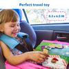 Happy young child playing with My Quiet Book Sensory Activity Book in car seat
