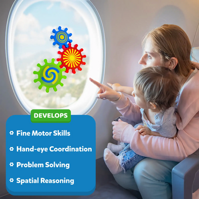 A mother seats a toddler on her lap on an airplane, pointing at three Skillmatics Spinny Gears on the oval window: blue concentric, red sunburst, and green spiral gears interlocked. A blue box lists skills developed: Fine Motor Skills, Hand-eye Coordination, Problem Solving, and Spatial Reasoning. 