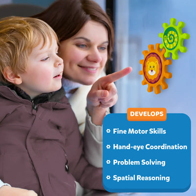 A smiling mother holds a toddler while both look toward two Skillmatics Spinny Gears on a window — an orange lion gear interlocked with a green caterpillar gear. A blue box lists skills developed: Fine Motor Skills, Hand-eye Coordination, Problem Solving, and Spatial Reasoning. 