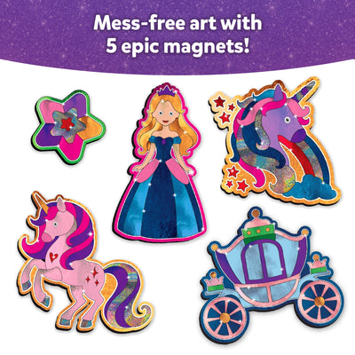 A vibrant layout showcases five completed Foil Fun magnets on a white background: a multicolored star, a princess in a blue and pink gown, a rainbow-themed unicorn head with sparkling foil textures, a pink standing unicorn with purple hair and glitter accents, and a blue and pink royal carriage. Above them, a purple header reads “Mess-free art with 5 epic magnets!”