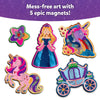 A vibrant layout showcases five completed Foil Fun magnets on a white background: a multicolored star, a princess in a blue and pink gown, a rainbow-themed unicorn head with sparkling foil textures, a pink standing unicorn with purple hair and glitter accents, and a blue and pink royal carriage. Above them, a purple header reads “Mess-free art with 5 epic magnets!”