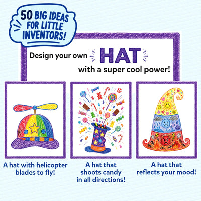 Skillmatics Inventor Sprouts activity page inviting children to design a hat with a super cool power. Three colorful sample inventions include a flying hat with helicopter blades, a magic hat that launches candies, and a mood-changing hat to inspire imaginative thinking and creative drawing.