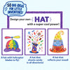 Skillmatics Inventor Sprouts activity page inviting children to design a hat with a super cool power. Three colorful sample inventions include a flying hat with helicopter blades, a magic hat that launches candies, and a mood-changing hat to inspire imaginative thinking and creative drawing.