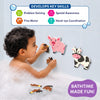 Toddler assembling a foam horse puzzle on a bathtub wall while pig and cow puzzles are attached nearby. Loose puzzle pieces float in the bubbly bath. Graphic highlights developmental benefits including problem solving, fine motor skills, spatial awareness, and hand-eye coordination.
