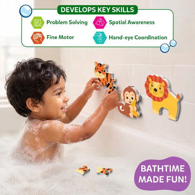 A young child plays with Skillmatics foam animal bath puzzles by attaching the tiger, monkey, and lion to a tiled bathtub wall during bath time. Two puzzle pieces float nearby in the water. Icons highlight skills developed, including problem solving, fine motor skills, spatial awareness, and hand-eye coordination.