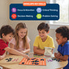 Four children are playing Skillmatics Boxed! The game board, featuring magnetic pieces and dots, is placed on the table in front of them. The children are focused, using their strategic thinking skills while placing magnetic pieces on the grid. Text at the top reads “Develops Key Skills,” highlighting Focus & Attention, Critical Thinking, Decision Making, and Problem Solving.
