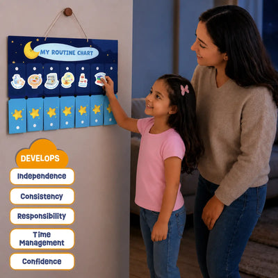 A mother and daughter use the Skillmatics My Daily Routine Chart mounted on a wall, placing magnetic task pieces onto the nighttime routine board. The reusable double-sided magnetic chart encourages independence, responsibility, confidence, time management, and rewards children for building positive daily habits.