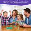 A family of four is enjoying Who Saw What during family game night. Two adults and two children sit around a wooden table, smiling and cheering. One child raises both hands in excitement while others hold green letter cards and a picture card. An hourglass timer sits at the center of the table. A banner at the top reads “Perfect for Family Game Night!” indicating fun, interactive play.