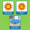 Three feature panels for Skillmatics Spinny Gears Animal Fun 5-gear set on a green background. Top-left shows orange lion gear with text 