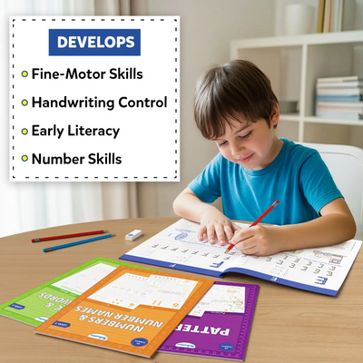 A young child sits at a wooden table tracing letters in a handwriting workbook using a red pencil. Colored pencils, an eraser, and Skillmatics learning books are spread nearby. A panel titled “Develops” lists fine-motor skills, handwriting control, early literacy, and number skills, emphasizing educational benefits and guided practice.