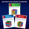 Skillmatics Klixokubes challenge cards displayed against a blue background, featuring examples from Easy, Medium, and Hard levels. The cards show different cube-building objectives, color patterns, and completed structures, demonstrating the variety of spatial reasoning puzzles included.