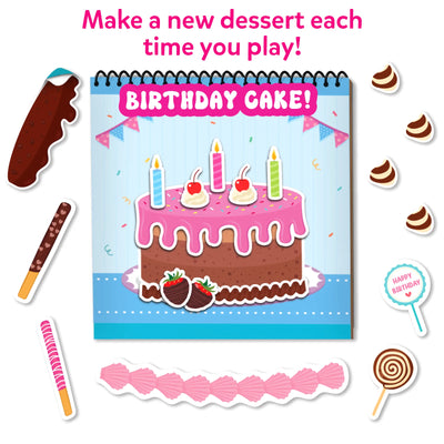 Young child smiling while using Peelies Dessert Chef reusable sticker activity book