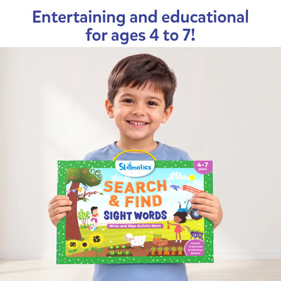 Young boy holding Search & Find Sight Words reusable activity mat for ages 3-6