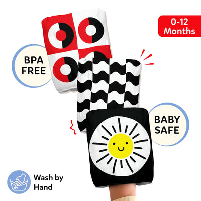 Skillmatics High Contrast Crinklers product visual showing three wearable sensory cloth crinklers stacked on a baby's hand: red-and-white concentric circle design, black-and-white wavy pattern, and black crinkler with a yellow smiling sun face. Includes BPA FREE badge, BABY SAFE badge, 0–12 Months label, and Wash by Hand icon.