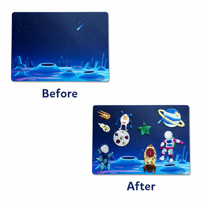 Before and after space scene transformation with glitter-filled alien and astronaut landscape