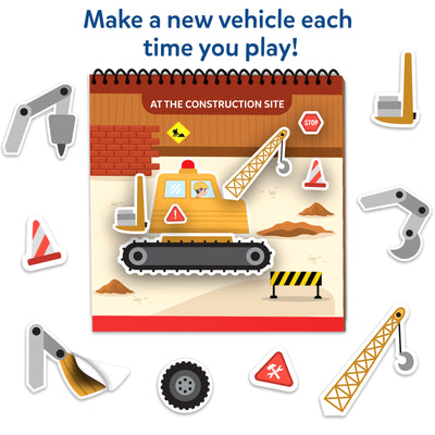 Children’s magnetic play set with construction vehicles and accessories from Peelies activity book