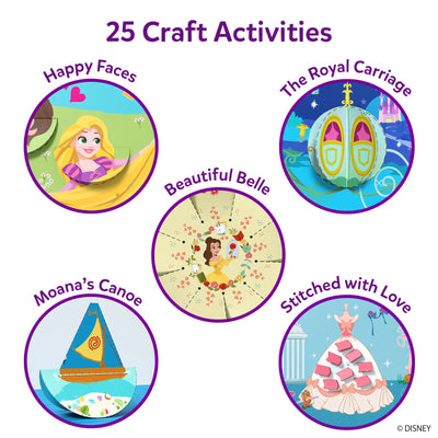 Graphic titled “25 Craft Activities” on a white background, featuring five circular illustrated previews outlined in purple. Each circle shows a different Disney Princess–themed craft labeled Happy Faces, The Royal Carriage, Beautiful Belle, Moana’s Canoe, and Stitched with Love. The illustrations highlight paper crafting, folding, stitching, and decorative elements designed to showcase the variety of activities included in the kit.