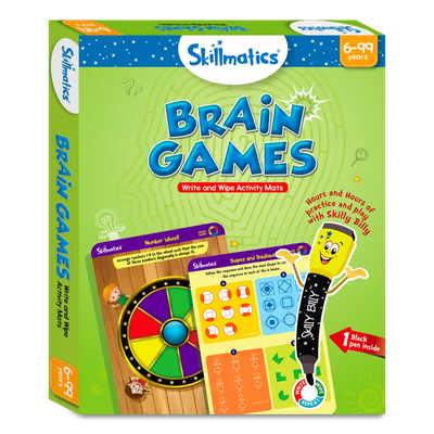 Skillmatics Brain Games kit with reusable write-and-wipe activity mats and marker for ages 6+