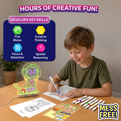 Child uses neon markers to color animal tracing sheets with a Light-Up Sketcher on a wooden table. A glowing monkey-shaped light stands beside the artwork, while markers and stickers are spread nearby. Text highlights creative fun, skill development, and a mess-free activity.