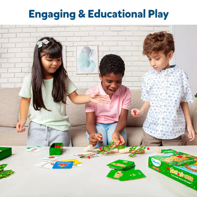Three children playing Newton’s Tree STEM toy with cards and red tokens